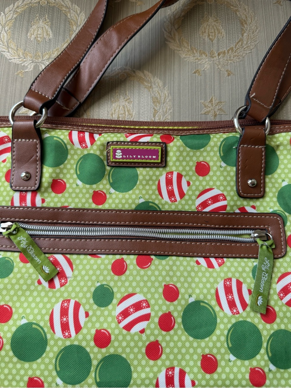 Lily Bloom Red and Green Holiday Dot Tote with Brown Trim